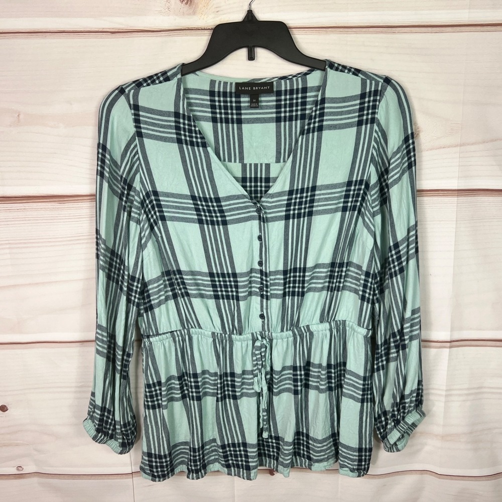 Lane Bryant Top Womens 14 Green Blue Plaid Shirt Drawstring Waist 1/2 Button